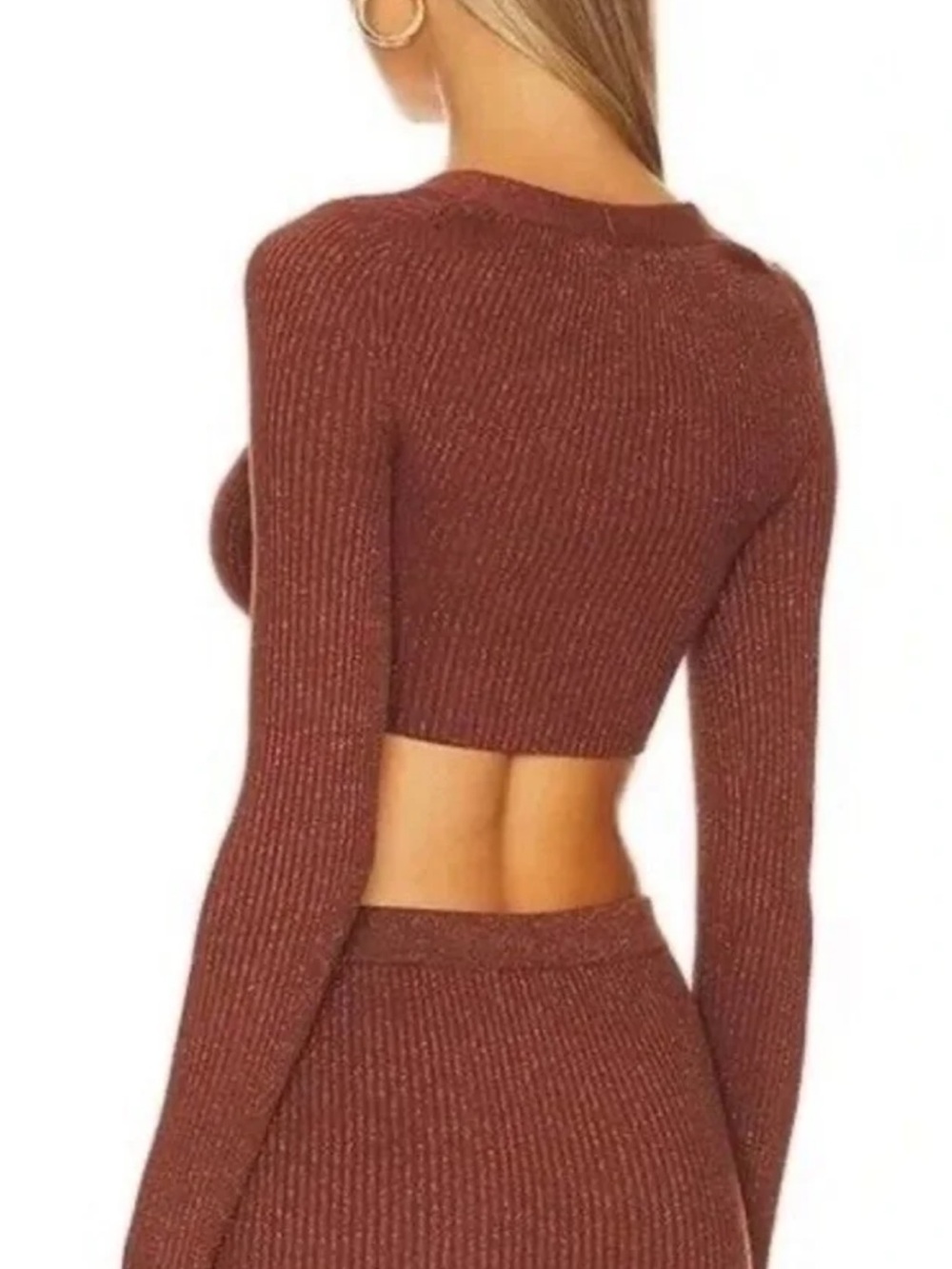 Camila Coelho Ribbed Knit Cropped Button-Up Top — Rust - Picture 2 of 2